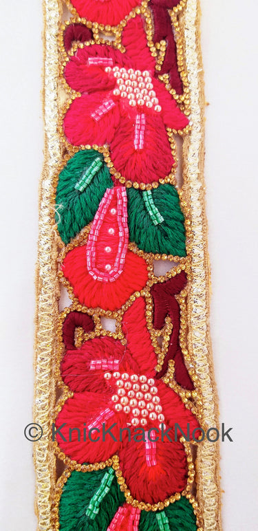 Red Hand Embroidered Cutwork Floral Trim Wedding Beaded Sash Bridal Belt Decorative, Indian Sari Border, Costume Trim